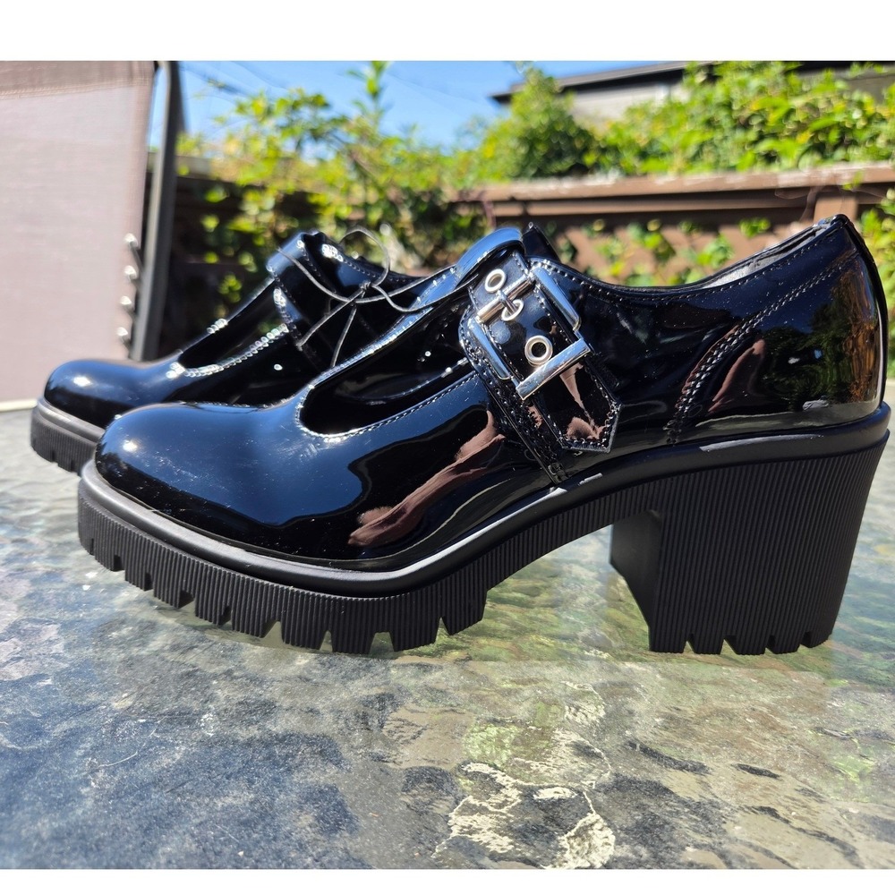 Olivia & Kate Mary Jane Shoes Womens 8.5 Black New Patent Platform T-Strap Lug - Picture 3 of 7